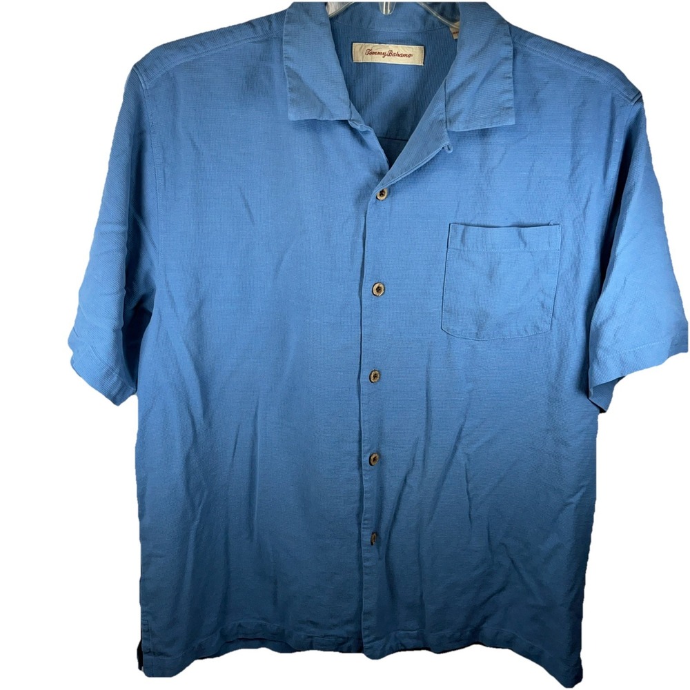 Tommy Bahama Camp Shirt Mens L Blue Floral 100% Silk Short Sleeve Button Up‎